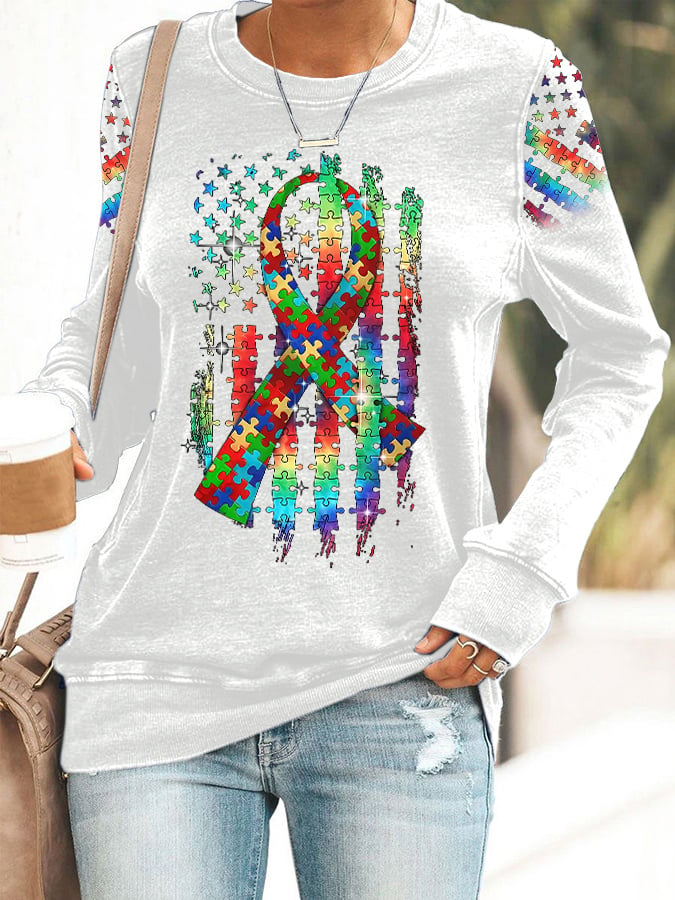 Women’s Retro Autism Awareness Colorful Puzzle Pieces Ribbon American Flag Print Sweatshirt