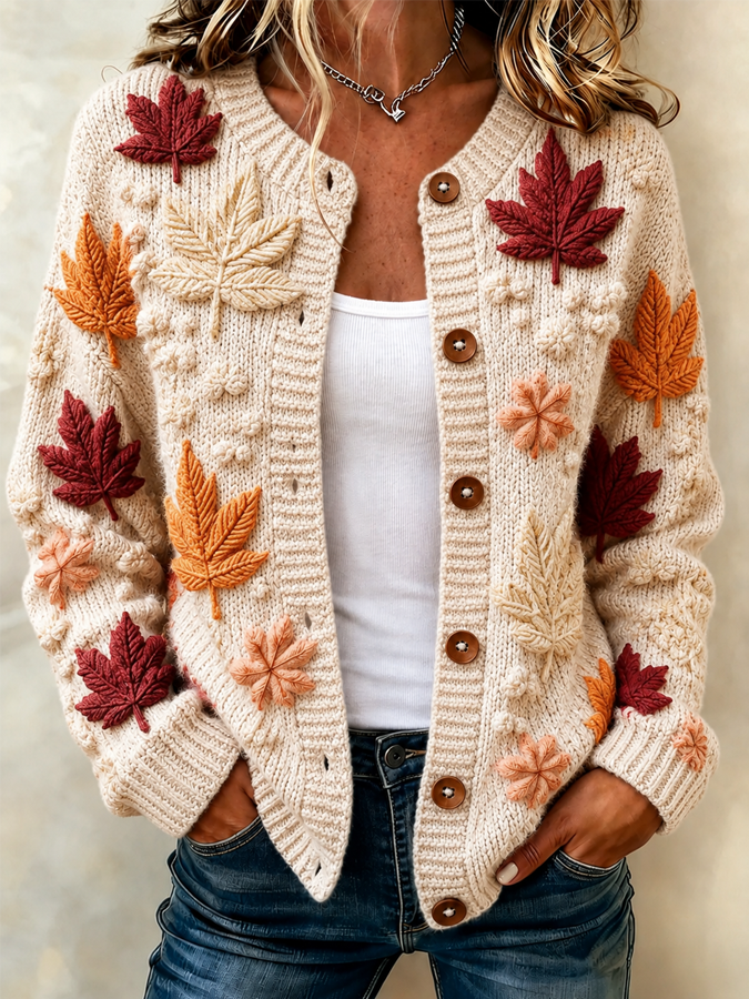 Women's Flower Plant Printed Knitted Cardigan Top