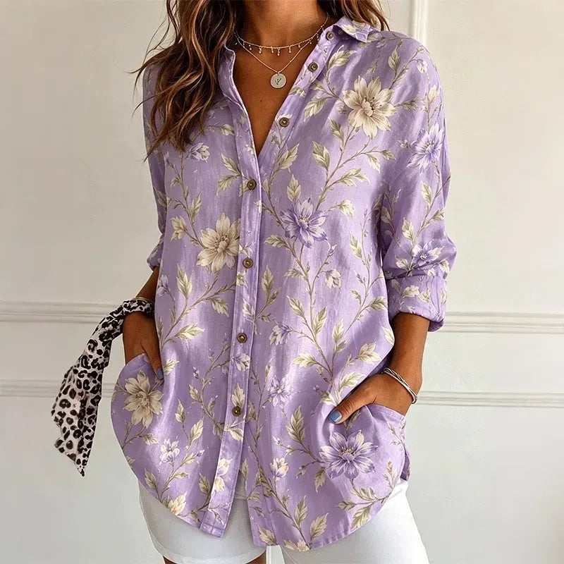 Women's Purple Vintage Floral Print Lapel Pocket Long Sleeve Button Up Shirt