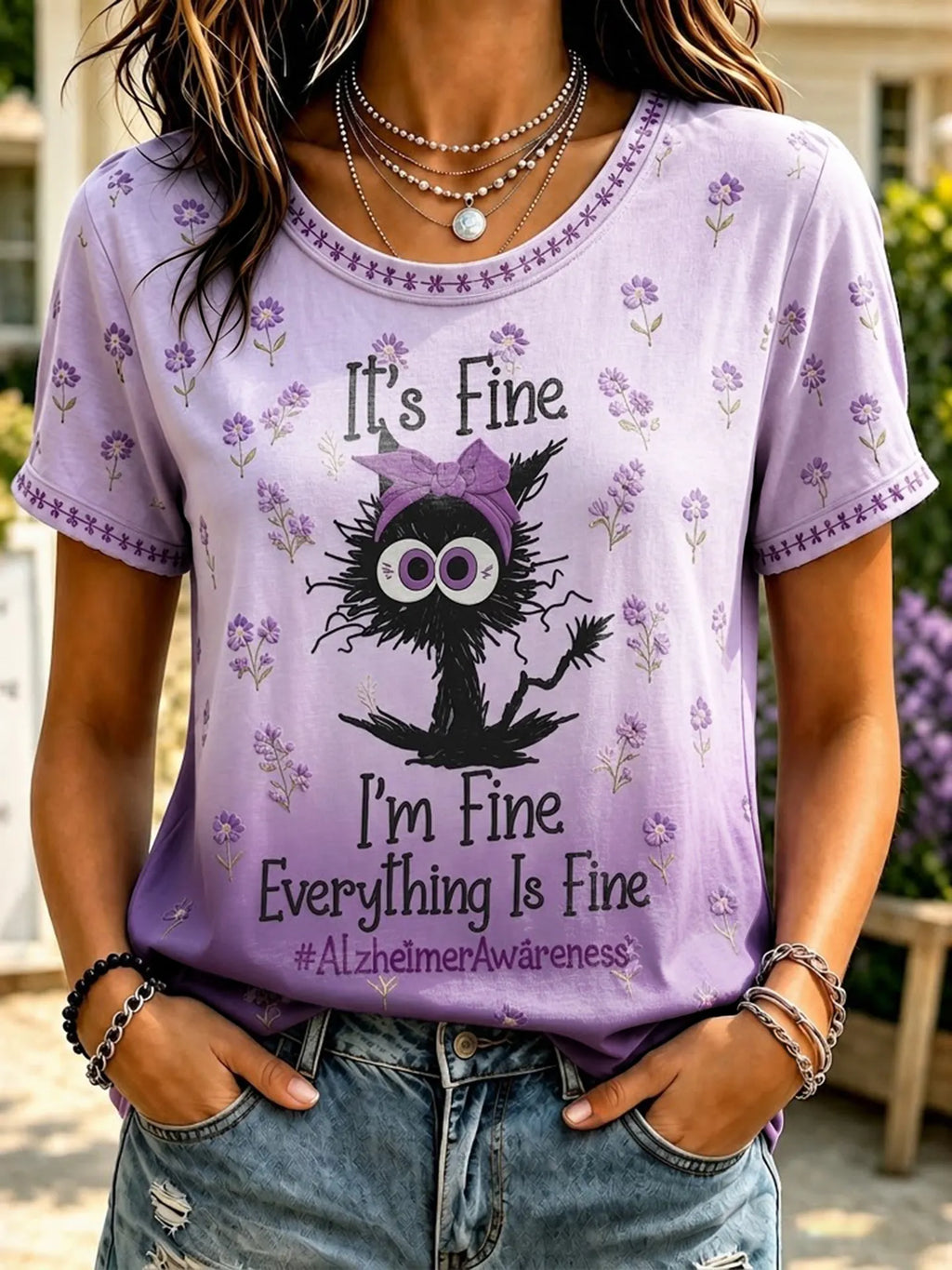 Women's Retro Im Fine Everything Is Fine Alzheimer's Print Comfortable T-shirt