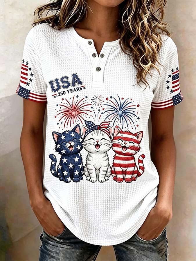 Women'S Casual Independence Day Cat Print Top