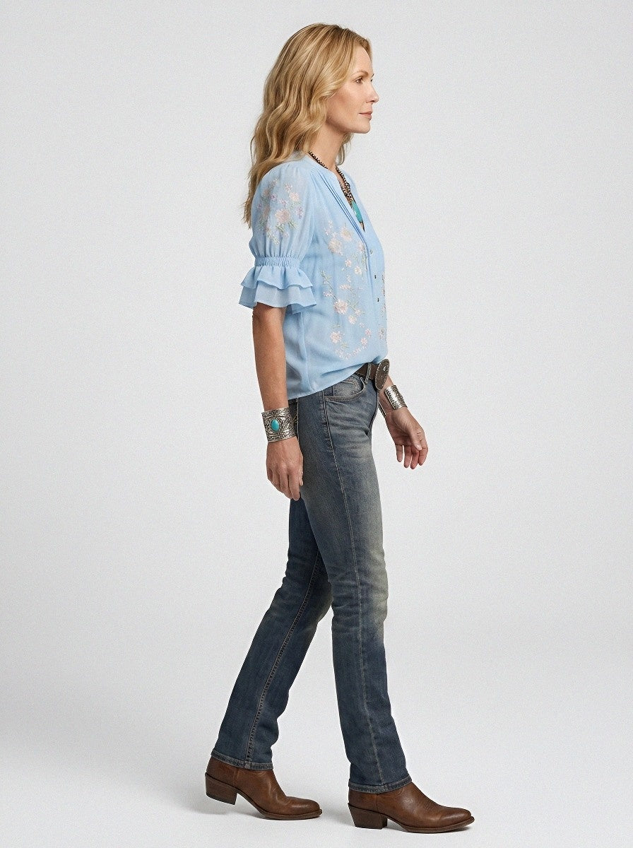 Women's Western Vintage Floral Embroidered Ruffle Sleeve Blouse
