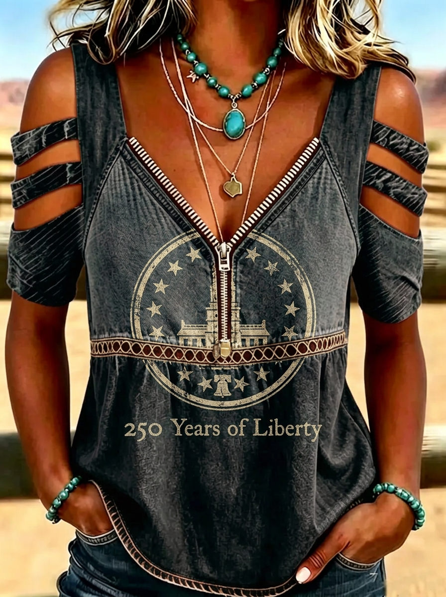 Women's Western Independence Day Liberty Bell Stars Printed T-shirt-2