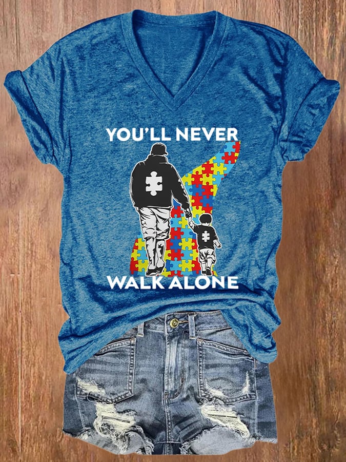 V-Neck Retro Autism Awareness Dad And Son You'll Never Walk Alone Print T-Shirt