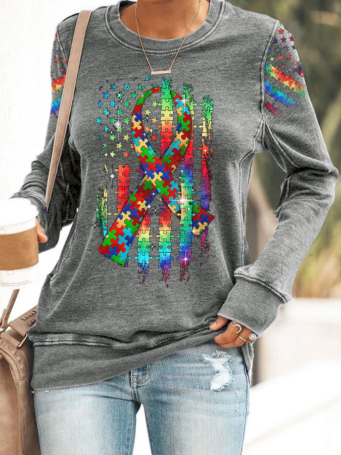 Women’s Retro Autism Awareness Colorful Puzzle Pieces Ribbon American Flag Print Sweatshirt