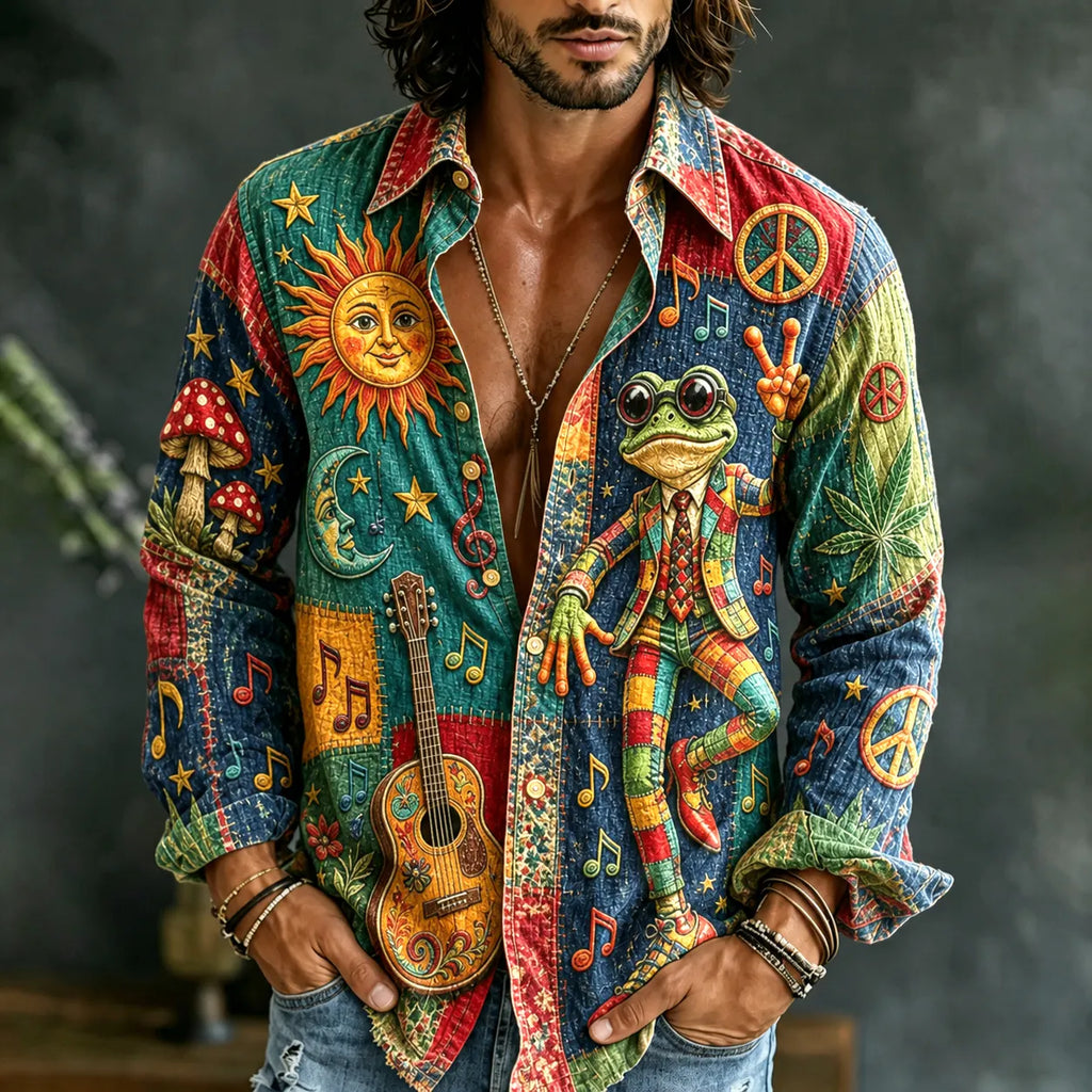 Men's Boho Frog Music Patchwork Psychedelic Peace & Sun Moon Art Long-sleeved Cotton And Linen Shirt
