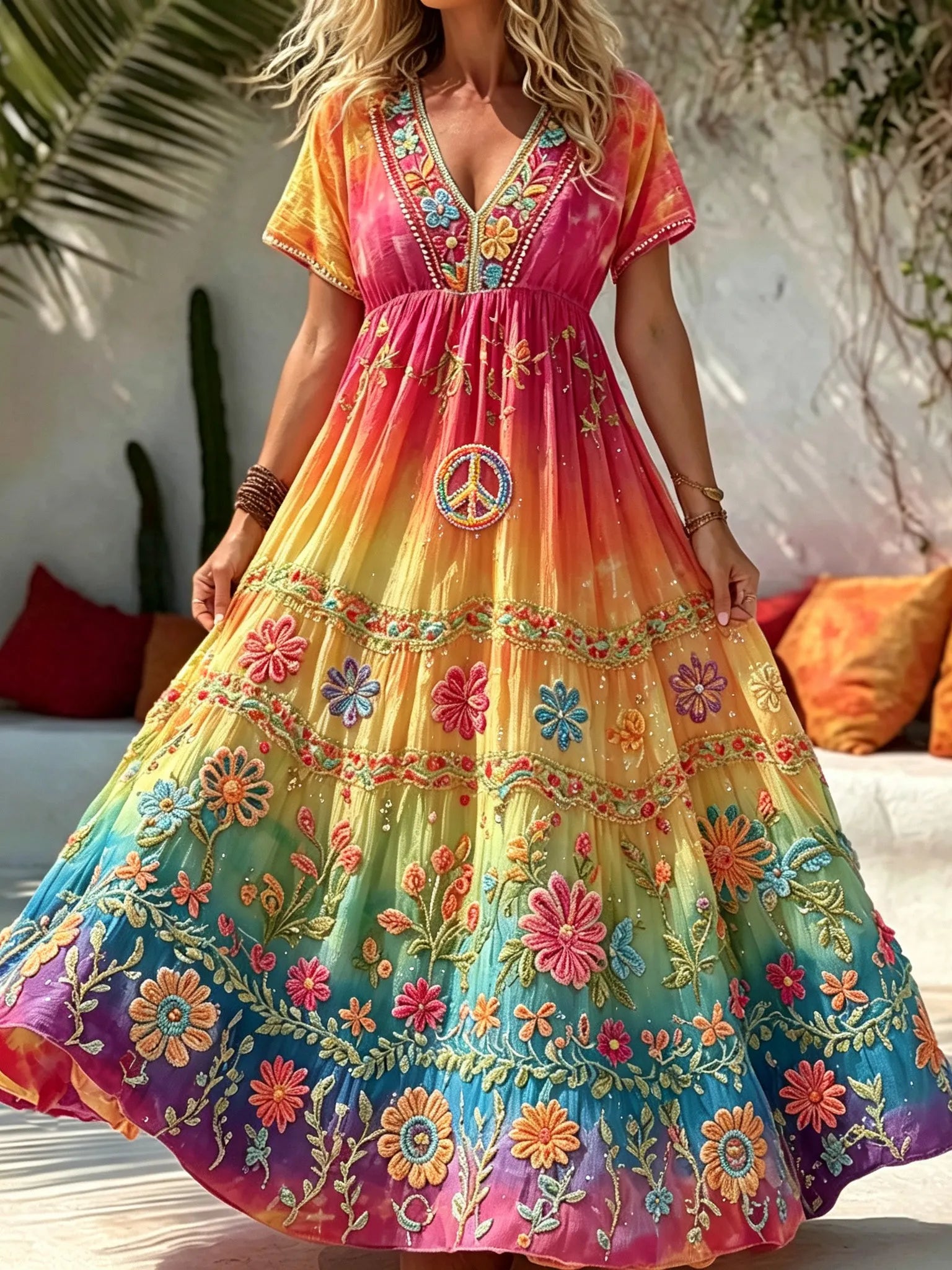 Women's Retro Hippie Style Floral Peace Symbol Embroidered Cotton Linen V-neck Short Sleeve Dress