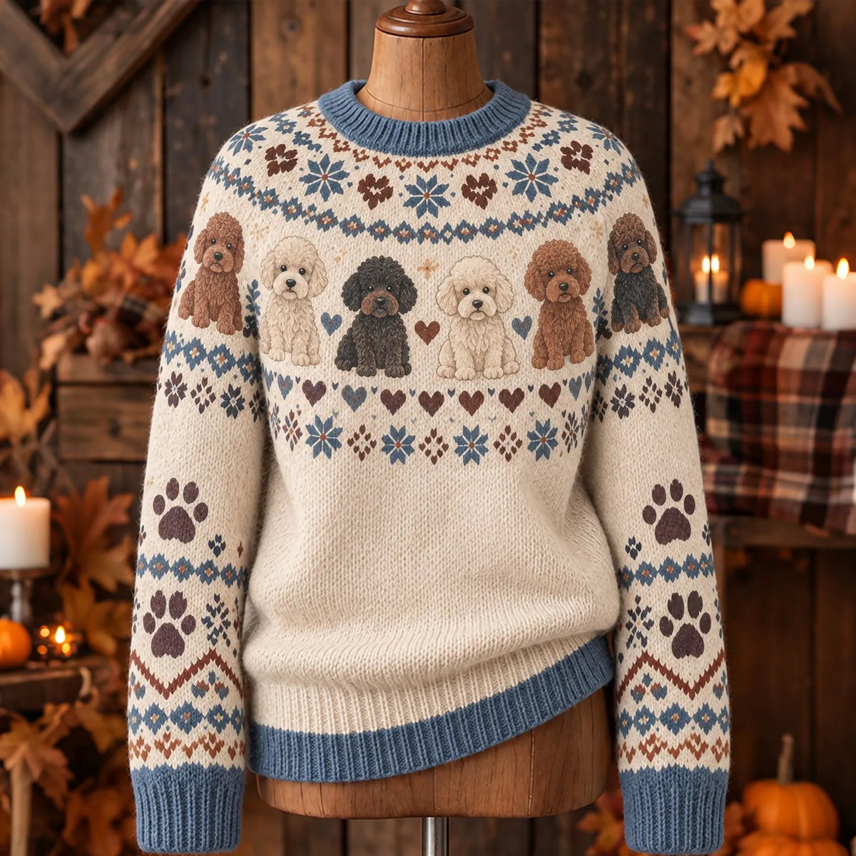 Women's Retro Poodle Puppy Pattern Cozy Fair Isle Style Knit Sweater