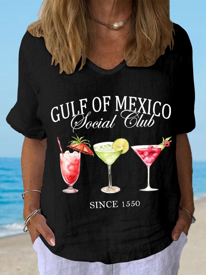 Women's Gulf Of Mexico Print Casual V-Neck Cotton and Linen Top
