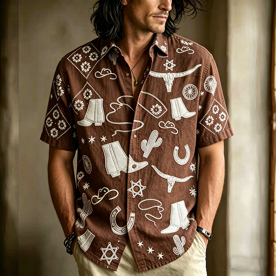 Retro Western Style Element Pattern Design Casual Linen Men's Short-sleeve Shirt
