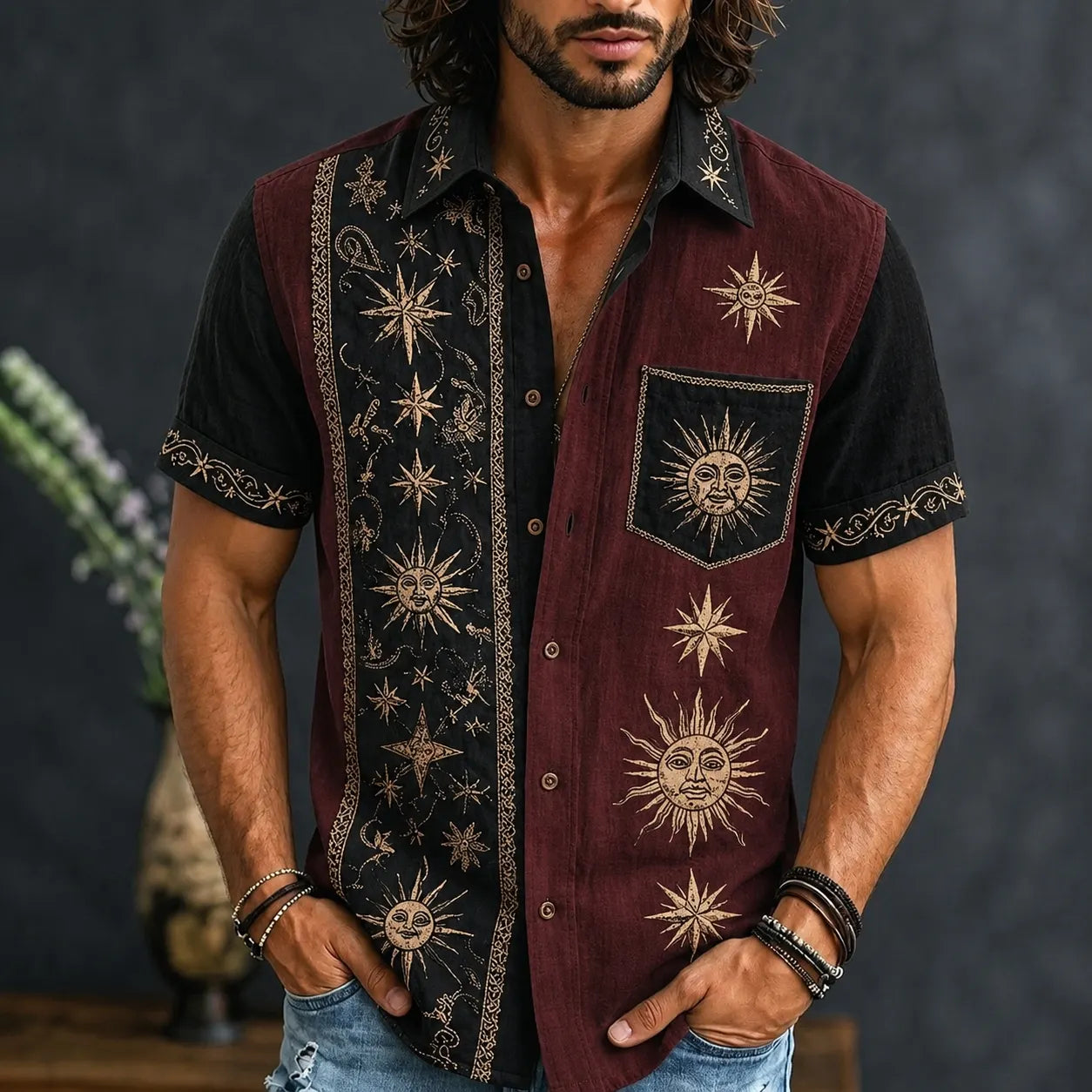 Men's Retro Sun And Star Printed Short Sleeve Shirt