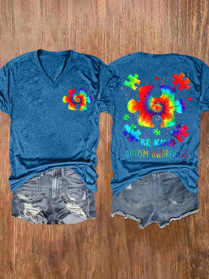 V-neck Retro Autism Awareness Be Kind Print T-Shirt