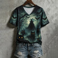 Women's Halloween Wizard Black Cat Art Print Short Sleeve Top
