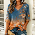 Women's Retro Hippie Pattern Gradient V-neck T-shirt