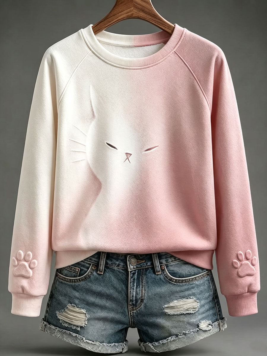 Women'S Pink Cute Cat Pattern Breast Cancer Casual Sweater