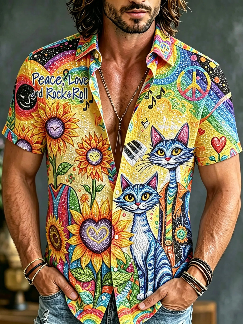 Men's Retro Hippie Cat And Sunflower Print Short-sleeve Shirt