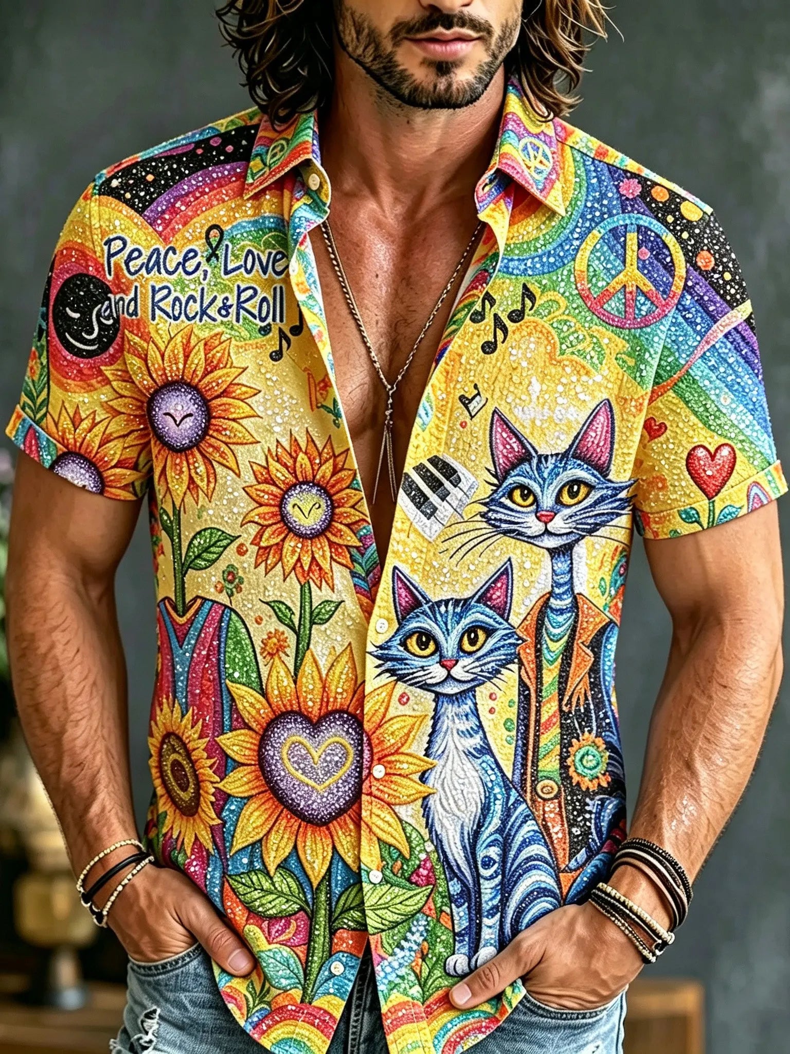 Men's Retro Hippie Cat And Sunflower Print Short-sleeve Shirt