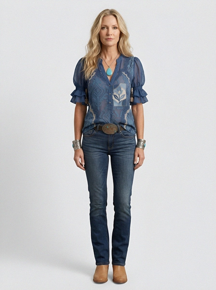 Women's Western Vintage Floral Patchwork Printed Blouse