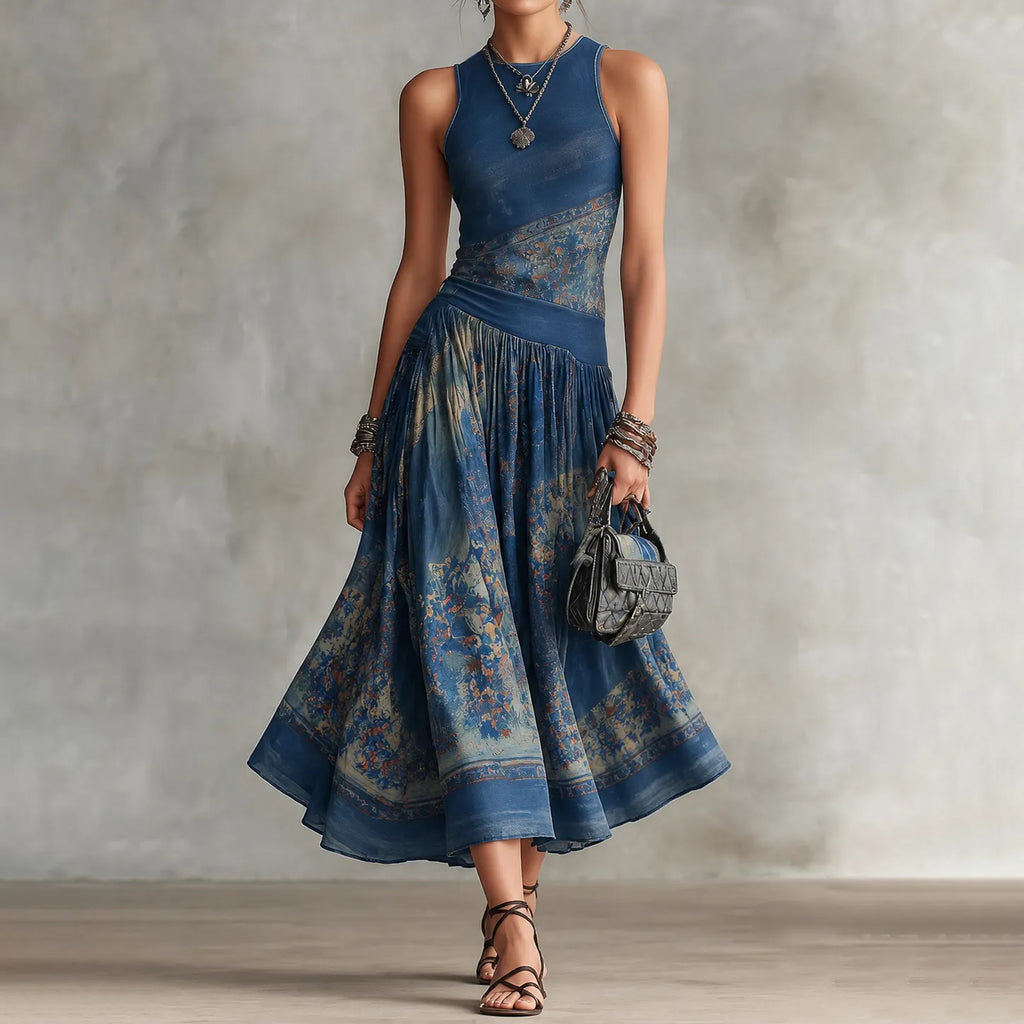 Elegant Retro Printed Sleeveless Tank Top Midi Dress