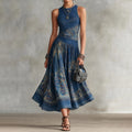 Elegant Retro Printed Sleeveless Tank Top Midi Dress