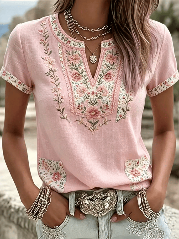 Women's Casual Retro Short-Sleeve Top with Floral Breast Cancer Awareness Print