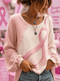 Women's Retro Pink Ribbon Print Long-Sleeved Top