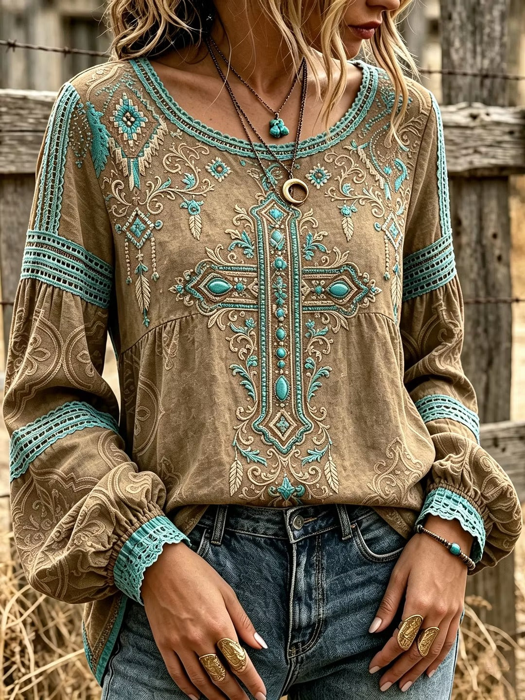 Women's Vintage Faith Western With Ethnic Geometry Art Crew Neck Long Sleeve T-shirt