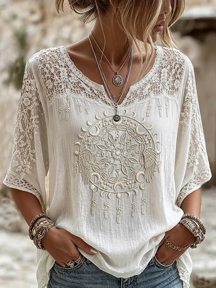 Women’s Boho V-neck Blouse With Mandala Embroidery And Lace Detail