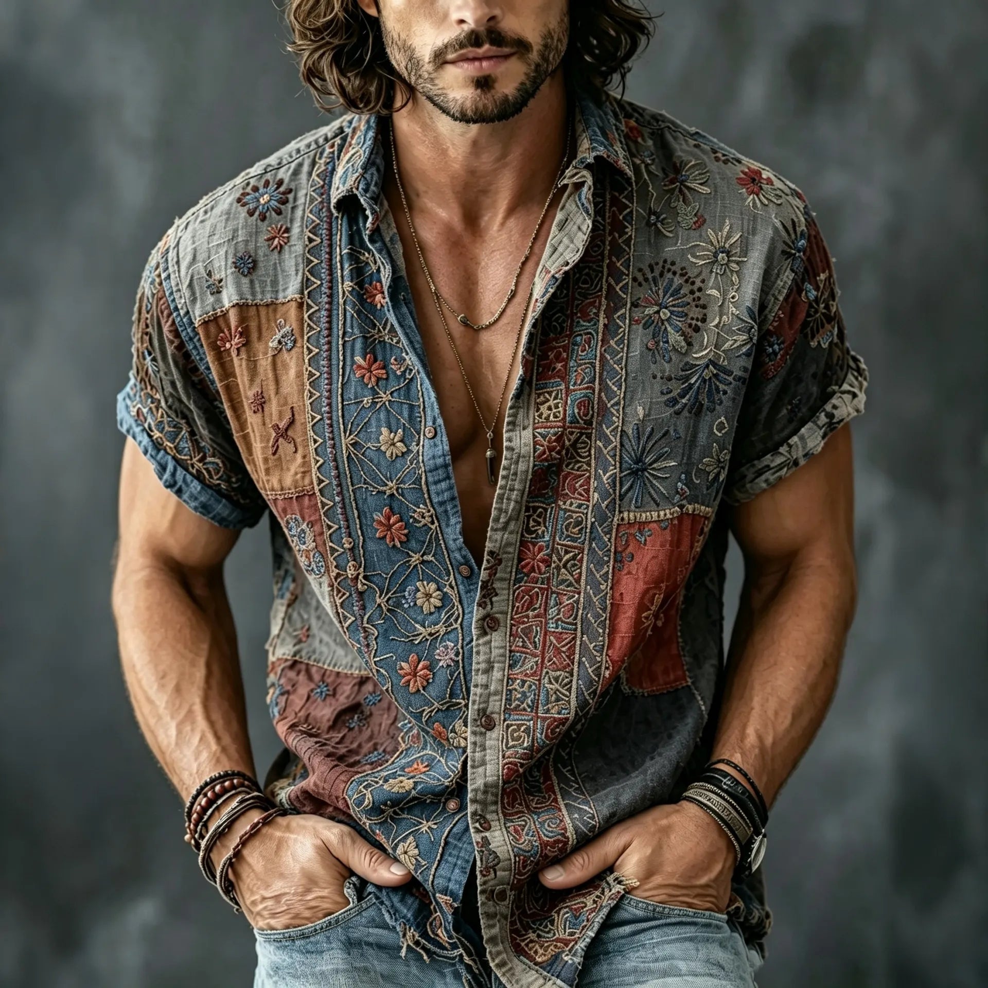 Men's Vintage Floral Patchwork Embroidered Art Print Flowy Linen Blend Casual Shirts