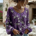 Women's Retro Floral Print Crew Neck Long Sleeve Linen Blend T-shirt