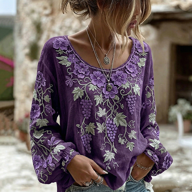 Women's Retro Floral Print Crew Neck Long Sleeve Linen Blend T-shirt