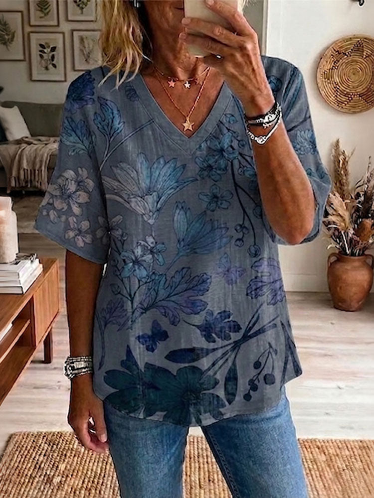 Women's Vintage Bohemian Floral Art Print Linen Blend Tops