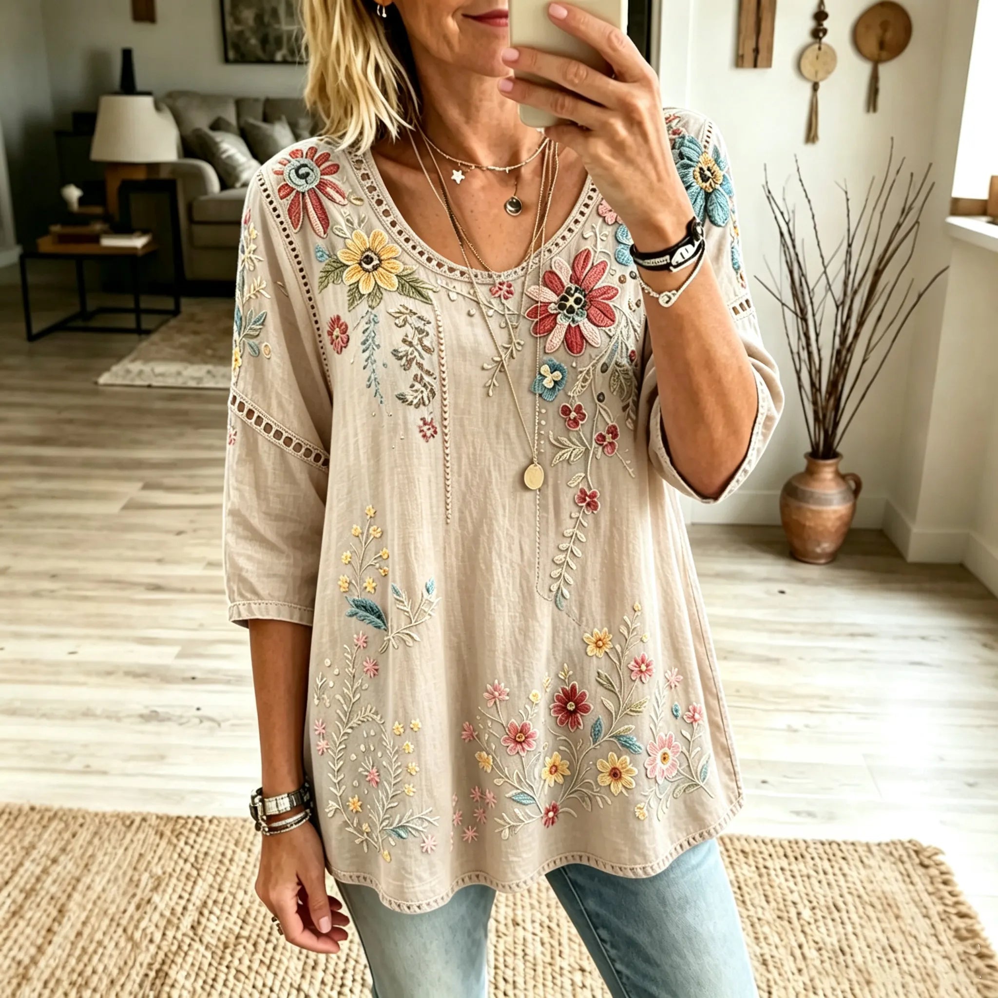 Women's Retro Floral Vacation Cotton Linen Top