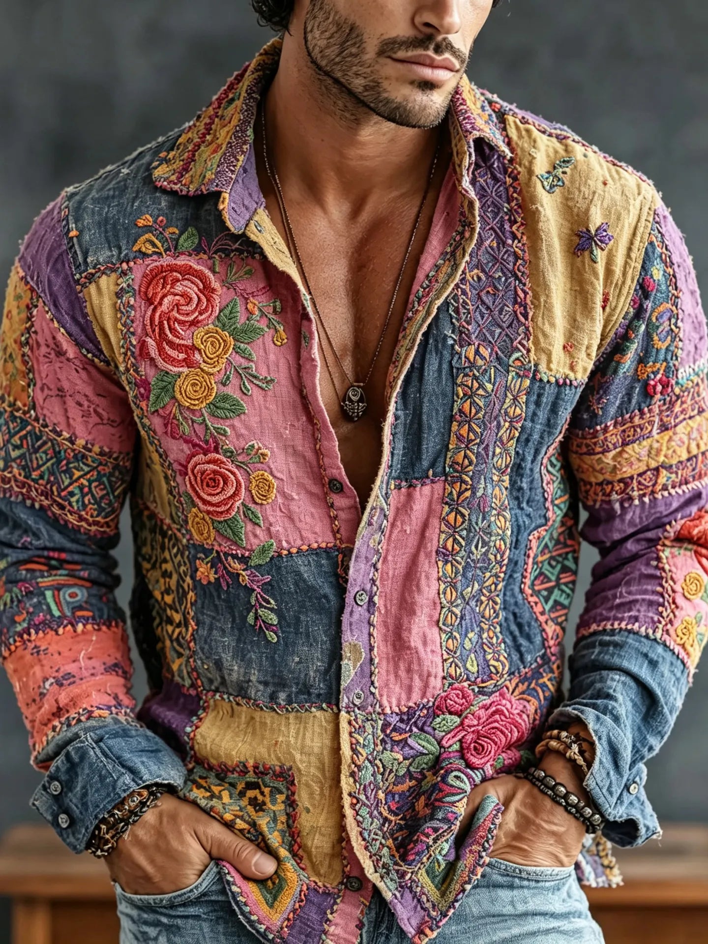 Men's Vintage Floral Patchwork Embroidered Art Print Flowy Linen Blend Casual Shirt
