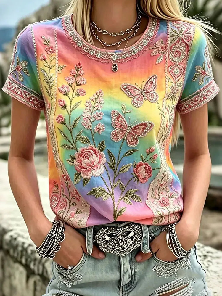 Women's Hippie Retro Tie-dye Floral Butterfly Short-sleeved Round Neck T-shirt