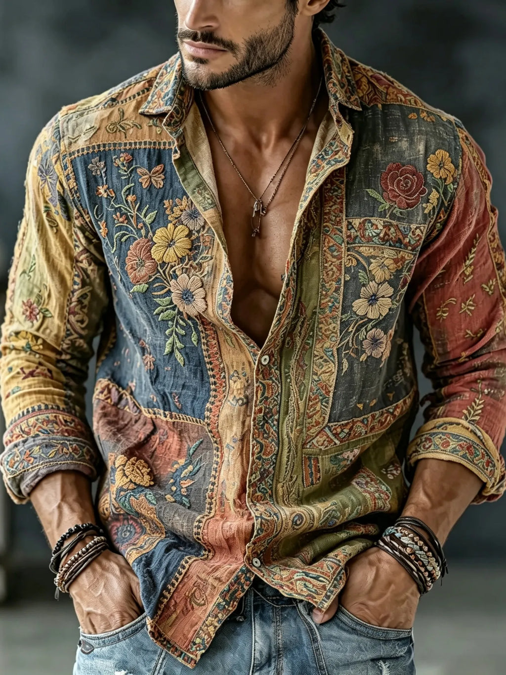 Men's Vintage Floral  Patchwork Embroidered Art Print Flowy Linen Blend Casual Shirt