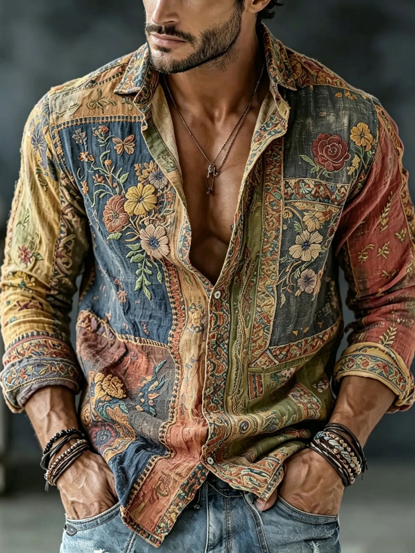 Men's Vintage Floral  Patchwork Embroidered Art Print Flowy Linen Blend Casual Shirt