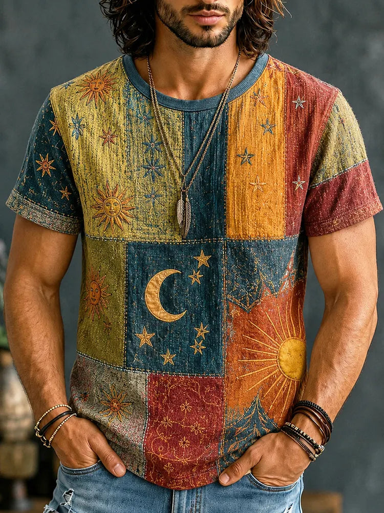 Men's Mysterious Sun Moon Boho Hippie Patchwork Print T-shirt