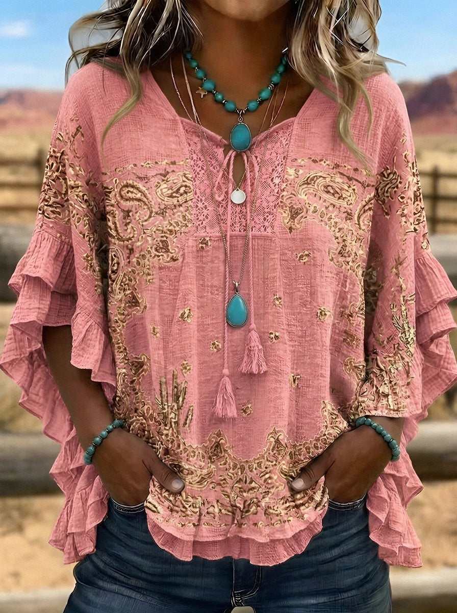 Women's Western Vintage Paisley Cactus Printed Ruffle Top