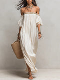 Bohemian Style Off-the-shoulder Pleated Ivory Long Dress