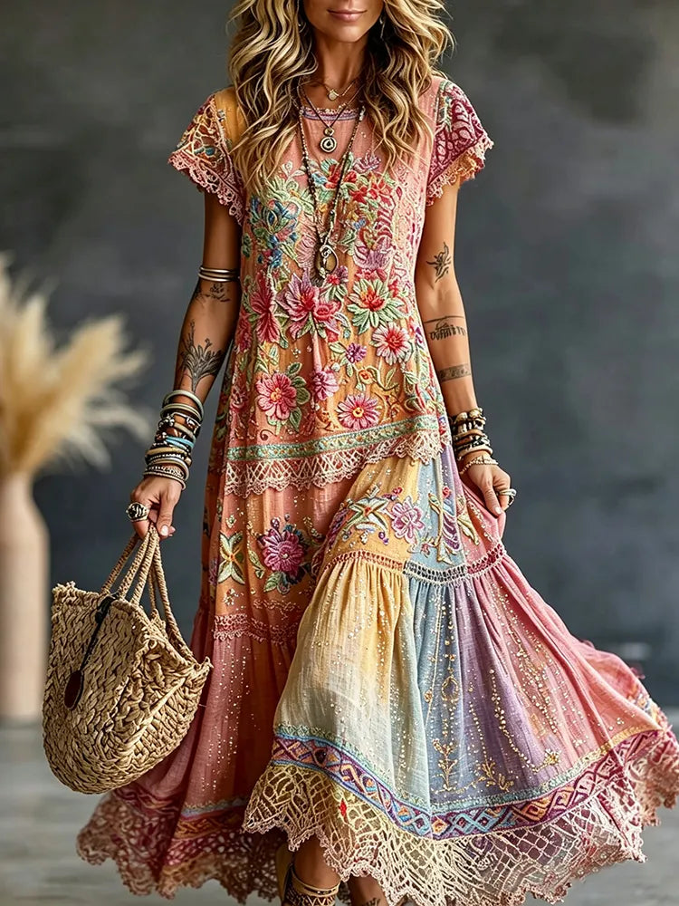 Women's Vintage Floral In Hippie Rainbow Art Print Flowy Linen Blend Linen Blend Maxi Dress