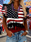 Women's patriotic 250th anniversary printed flag ruffled sleeve top
