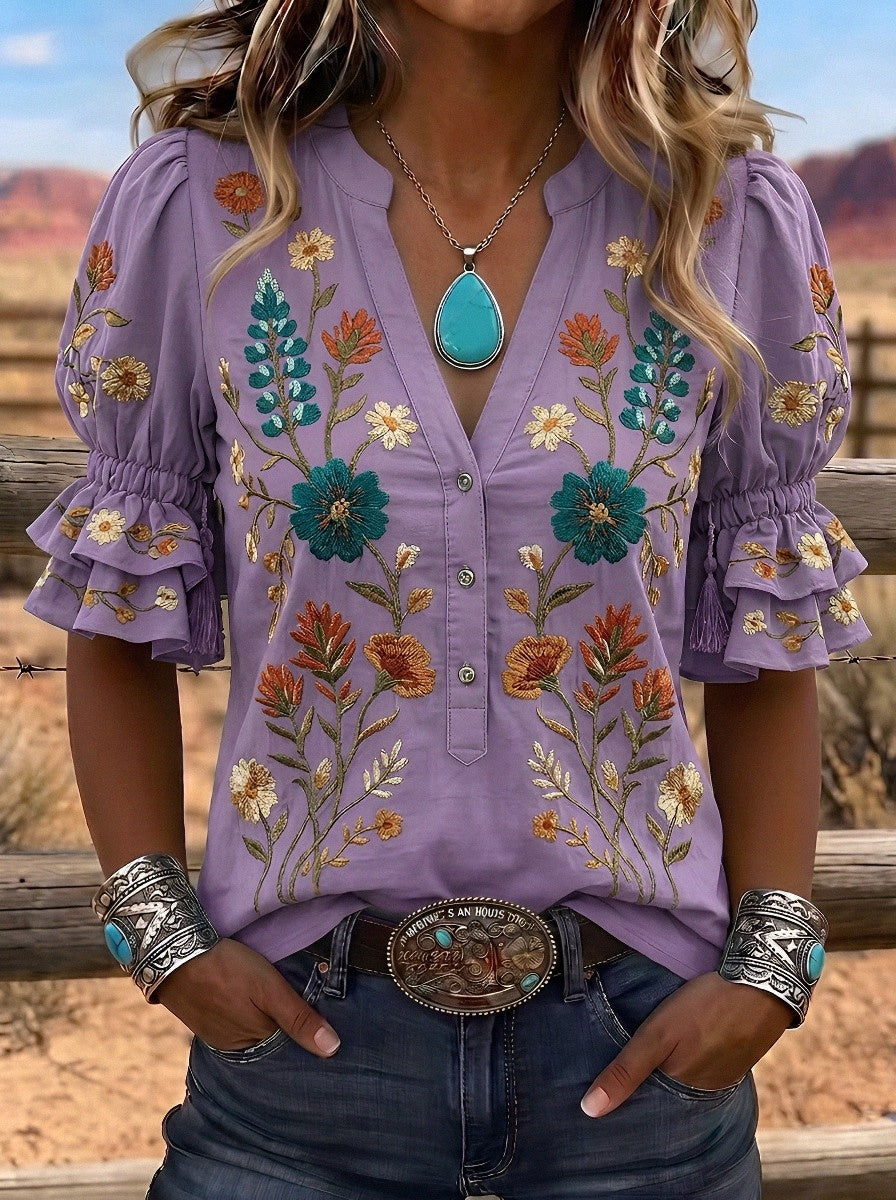 Women's Western Vintage Floral Embroidered Printed Top