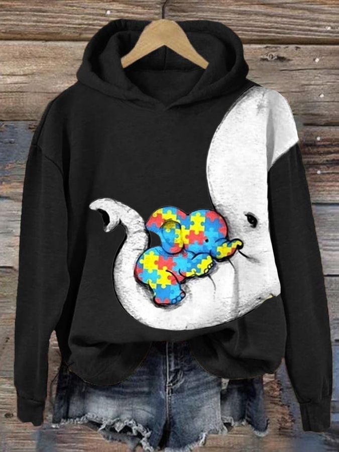Women'S Autism Elephant And Baby Elephant Print Long Sleeve Sweatshirt