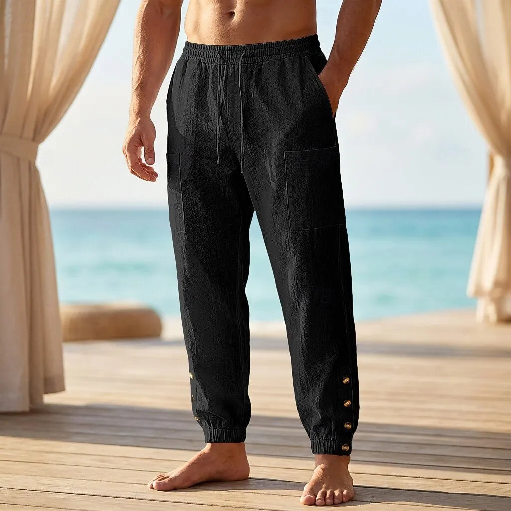 Men's Casual Linen-Blend Button-Detail Joggers
