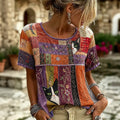 Women's Hippie Style Floral And Cat Face Embroidered Casual T-shirt