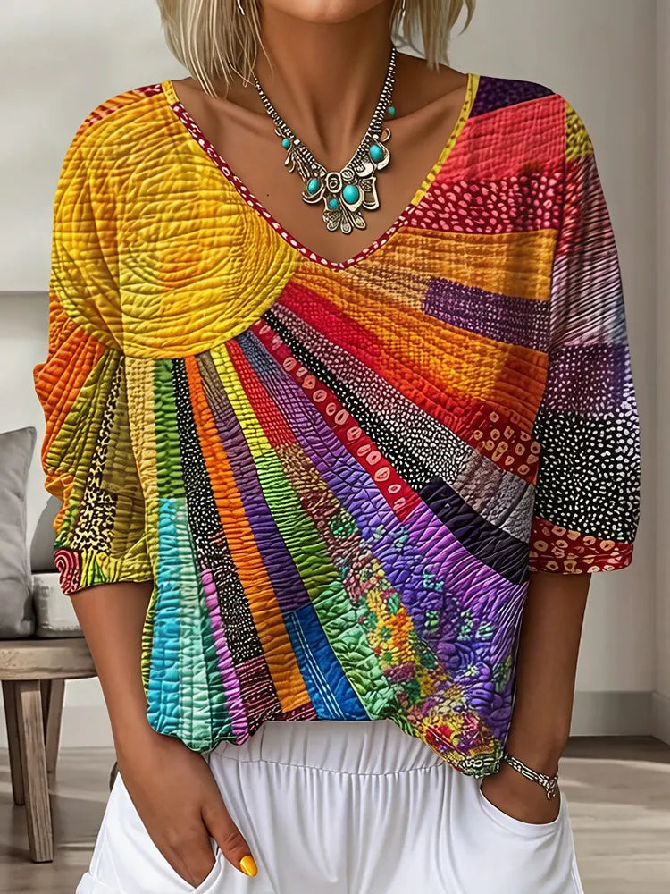 Women's Vintage Floral In Gradient Art Print Flowy Linen Blend  Three-quarter Sleeve V Neck Linen Tops