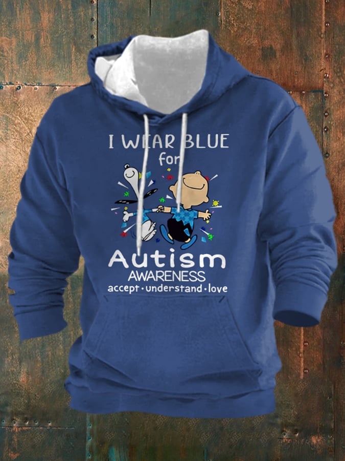 Retro Autism Awareness I Wear Blue For Autism With Pocket Print Hoodie