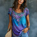 Women's Vintage Romantic Floral Art Linen Blend Short Sleeve Tops