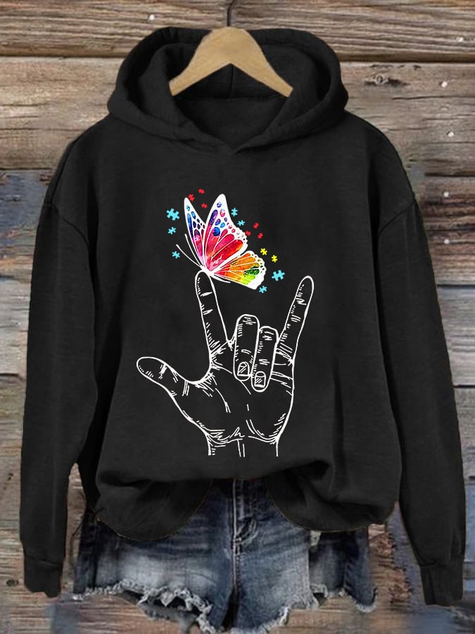 Retro Autism Awareness Butterfly I Love You Hand Sign Language Print Hoodie